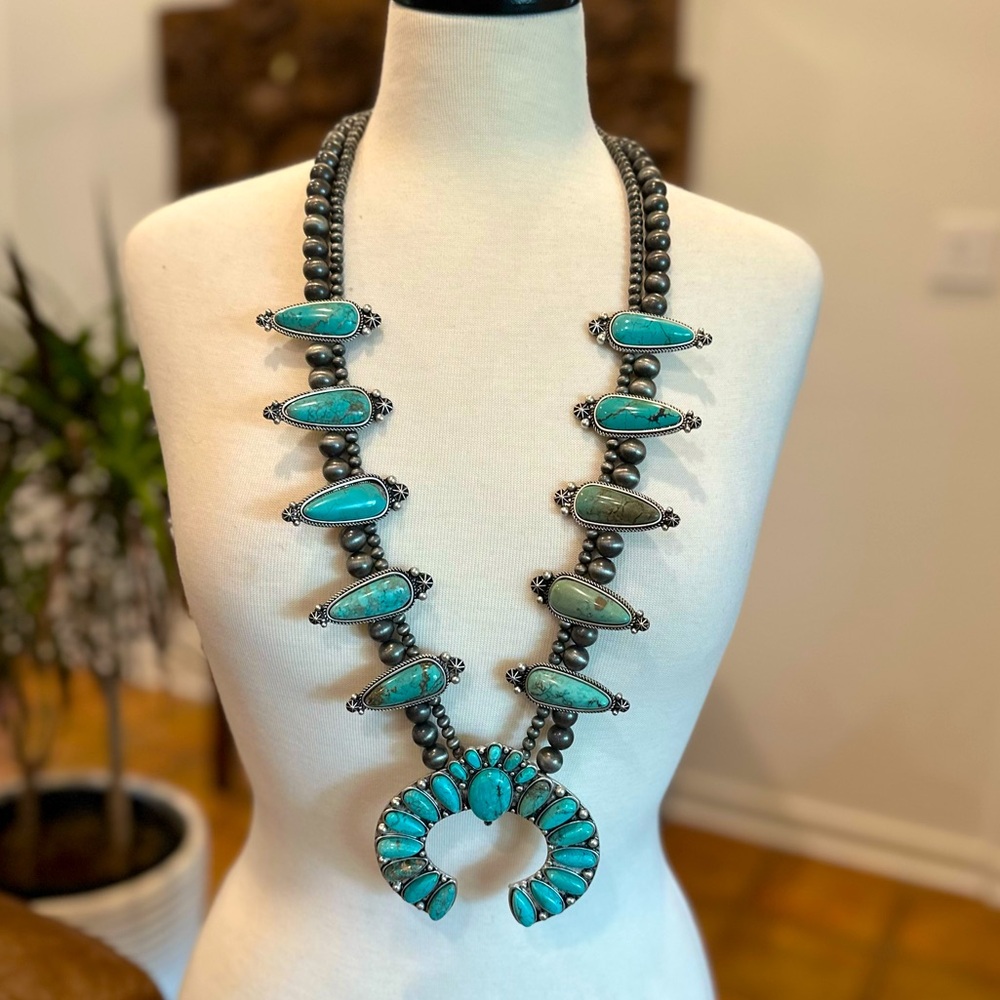 Chunky Turquoise Necklace Silver Boho Western Santa Fe